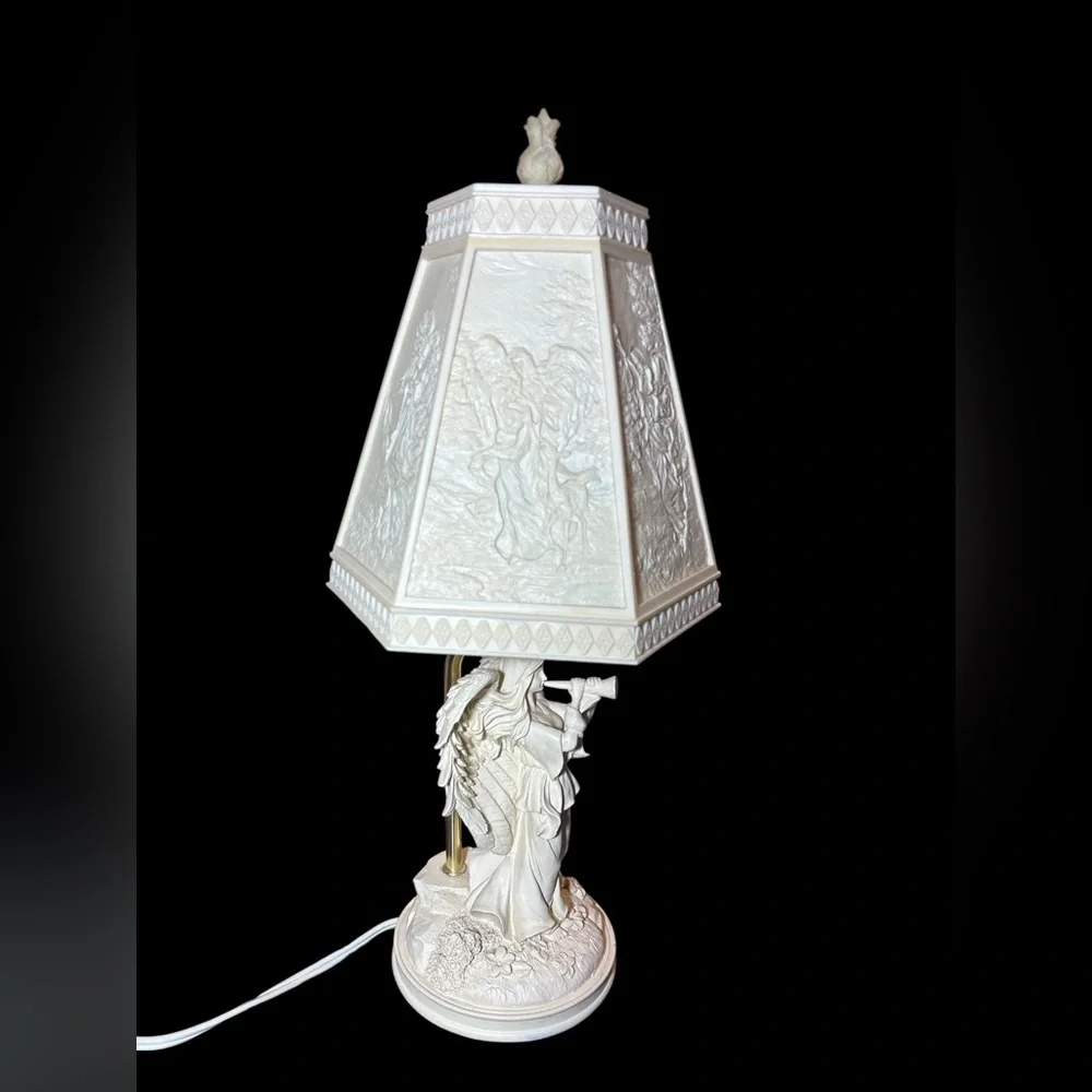 Vintage Angel Table Lamp Cream White Relief Shade Cherub Base Cottage Decor